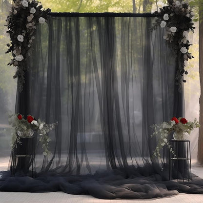 10x10ft Sheer Black Backdrop Curtains for Parties, Tulle Wedding Arch Draping Fabric Photo Background for Birthday Party Halloween Decorations