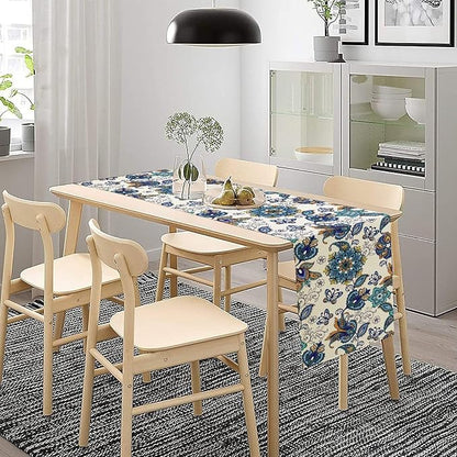 Oriental Paisley Table Runner, Luxury Vintage Blue Teal Floral Butterflies Print Table Runner for Home Dining Kitchen Coffee Table Party Decor, 13x60inch