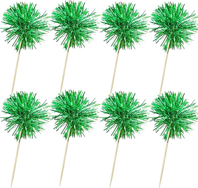 Ephlyn 30Pcs Foil Firework Cupcake Toppers Party Birthday Cake Toppers Supplies Sparkle Tinsel Cocktail Fruit Toothpick for Birthday Wedding Graduation Party Supplies Green