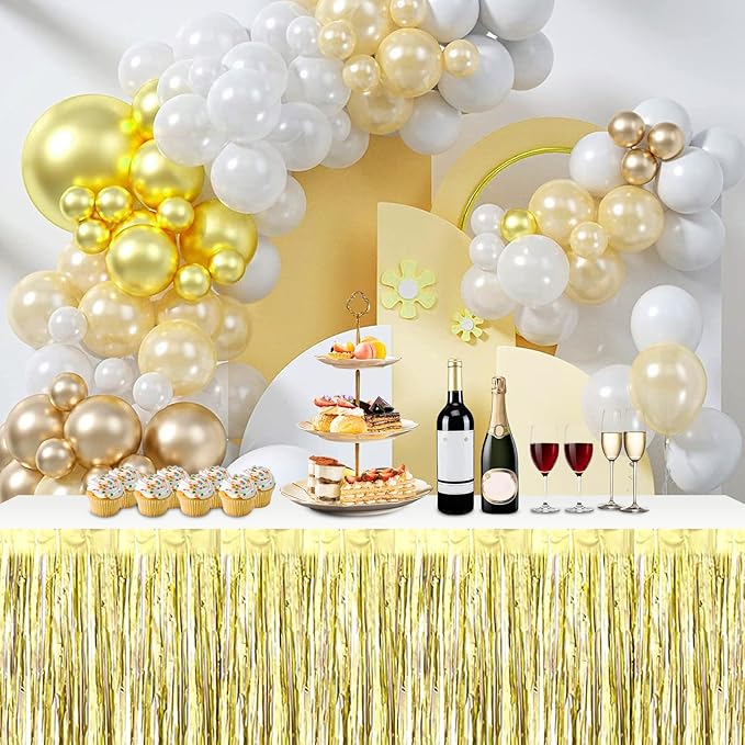 3 Pack 29x108 Inch Light Gold Foil Fringe Table Skirts Metallic Banner for Tinsel Streamer Garland Backdrop for Parade Floats Wedding Thanksgiving Birthday Christmas Halloween Party Decoration
