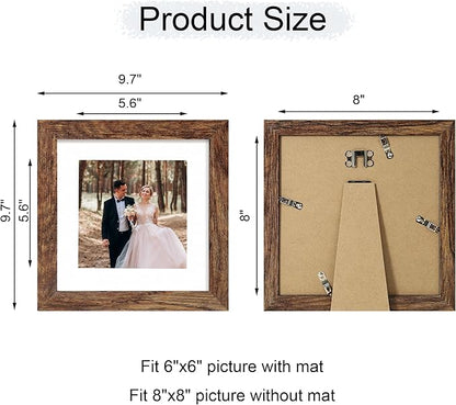 8x8 Picture Frame Set of 4 with HD Glass, Display 6x6 Pictures with Mat or 8 x 8 Without Mat, Rustic Wood Photo Frame for Wall Mount and Tabletop Display