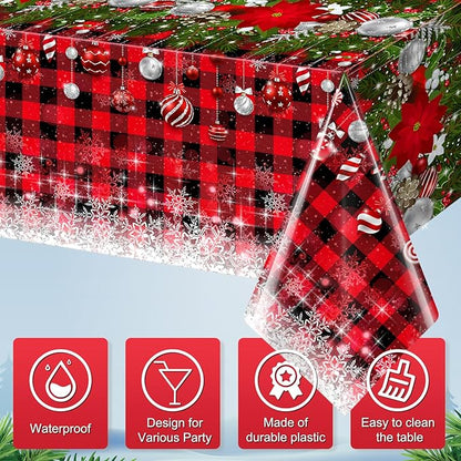 6Pcs Christmas Buffalo Plaid Snowflake Tablecloths,Plastic Red and Black Checkered Rectangle Christmas Tree Color Ball Table Cover for Winter Christmas New Year Holiday Party Decorations,54x108 inch