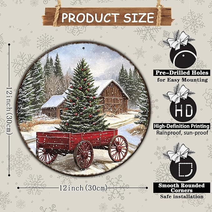 Round Barn Christmas Trees Metal Tin Sign Christmas Vintage Tin Sign Poster For Kitchen Cafe Bar Farmhouse Home Wall Decor Art Winter Decoration 12 * 12 in