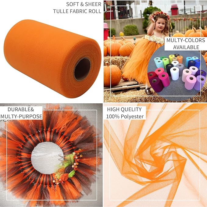 Orange Tulle Fabric Rolls 6 Inch by 200 Yards (600 feet) Fabric Spool Tulle Ribbon for DIY Orange Tutu Bow Baby Shower Birthday Party Wedding Decorations Craft Supplies
