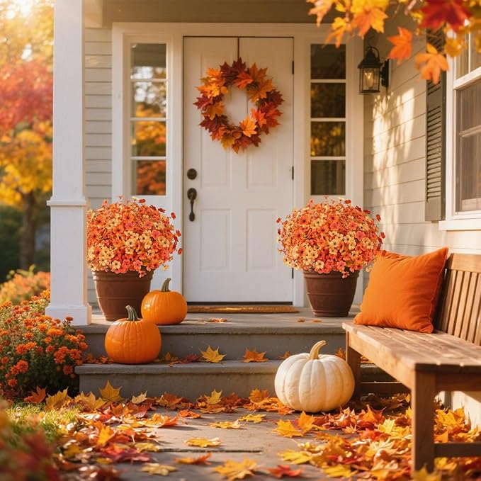 AmyHomie 16 Bundles Fall Orange Yellow Artificial Flowers for Outdoor Fall Decor UV Resistant Faux Flowers No Fade Fake Plastic Plants Garden Porch Window Box Decorating