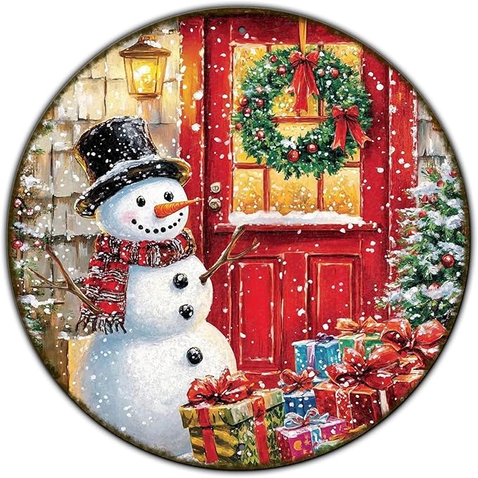 Round Wall Decor Christmas Metal Tin Sign Snowman Sign Rustic Wall Decor Wall Plaque Snowman Wreath Sign for Christmas Round Wreath Wall Decor Vintage Garage Yard Home Decor 8 * 8 in
