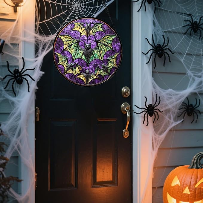 Stained Glass Window Hanging - Halloween Decorations Bats Suncatcher for Doors Garden Indoor Spooky Funny Purple Sun Catchers Gothic Decor Horror Gifts for Women Men Friend 7.8 in