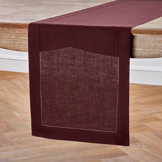 Solino Home Linen Table Runner 48 Inches - 100% Pure Linen Burgundy Hemstitch Table Runner 14 x 48 Inch Ideal for Dresser and Coffee Tables - Fall, Autumn, Thanksgiving, Holiday - Classic Hemstitch