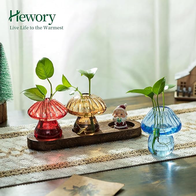 Glass Propagation Station for Plant: Mushroom Planter with Wooden Stand for Home Office Decor - Unique Propagation Jars for Plant Lovers - Set of 3 Hydroponic Mushroom Vases Gift for Mom
