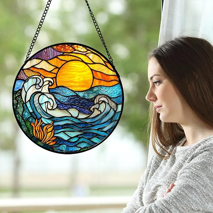 Stained Glass Window Hanging, Orange Sun Blue Sea Waves Landscape Suncatcher for Doors Window Home Sun Catchers Decor Mother's Day Birthday Gifts for Women, Men Mom 9.8 in