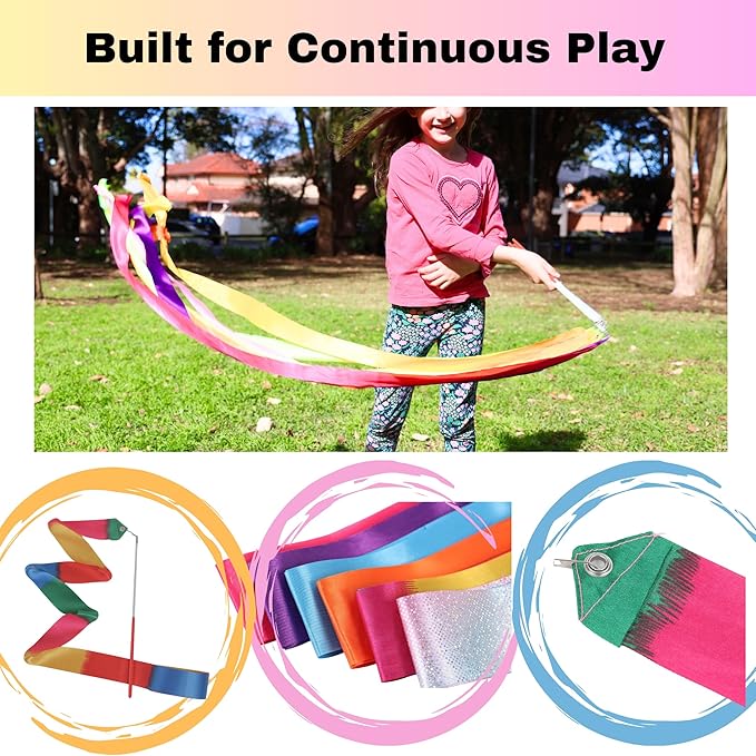 Dance Wands Ribbon Pack, Party Favors for Girls Goodie Bags, Outdoor Kids Rainbow Birthday Party Games, Gymnastics Gift Bags Steamers (multicolored ribbon with Red grip,10pcs set)