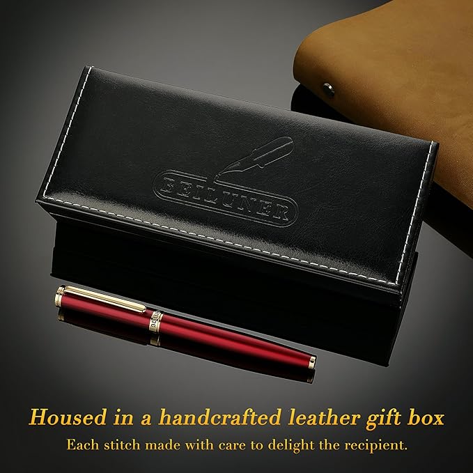 BEILUNER Red Fountain Pen,Stunning Luxury Pens with 24K Gold Finish, Gorgeous 24K Gilded Nib(Fine), Trustworthy Pen Gift for Men&Women -Ink Converter-Elegant,Graduation,Office,Nice Pen for Writing