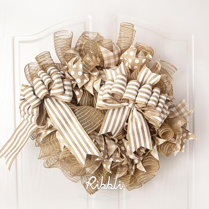 Ribbli 2 Rolls Burlap Mesh Ribbon,10 inch x 30 feet(10Yard) Each Roll,Natural with Jute,Use for Wreath Swags and Decorating