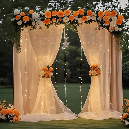10 * 8FT Beige Pearl Tulle Double Layered Backdrop Curtain with Lights String and Lining Fabric for Wedding Baby Shower Birthday Parites Photo Decorations