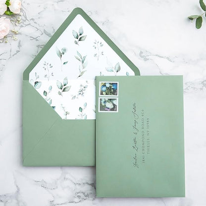 PONATIA 50PCS A7 Euro Flap Envelope, 5.25 x 7.25'' Sage Green Flowers Liner Envelopes for Wedding Invitations, Photos, Postcards, Greeting Cards, Christmas Gift, Acrylic Mailing