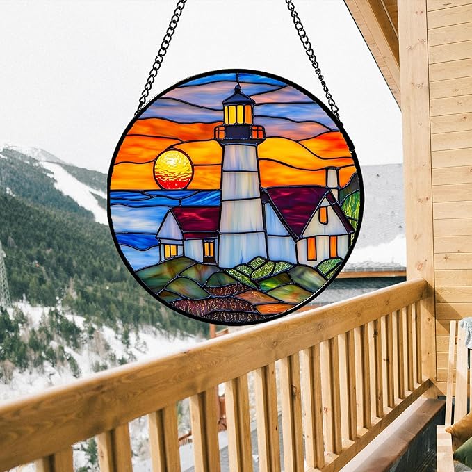 Stained Glass Window Hanging - Sea Lighthouse Suncatcher for Door Terrace Garden Home Decor Sunset Beach Scenery Sun Catcher Birthday Gifts for Lovers Women Men Dad Mom Nana 15 in