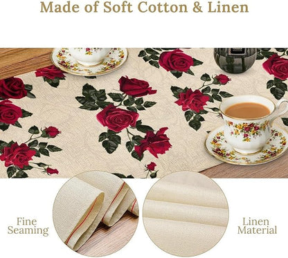 Vintage Rose Table Runner, Red Flowers Green Leaves Valentine's Day Table Runner for Kitchen Dinning Table Runner Decor Home Wedding Party Holiday, 13x90 Inch
