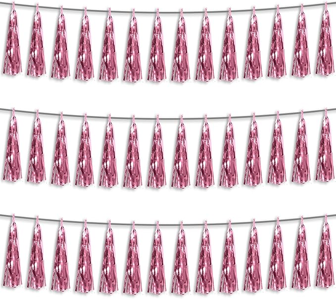 3P Light Pink Foil Fringe Metallic Tassel Streamers Banner Tassel Garland for Parade Floats, Bachelorette, Wedding, Birthday, Halloween, Christmas, Bridal/Baby Shower Party Decorations