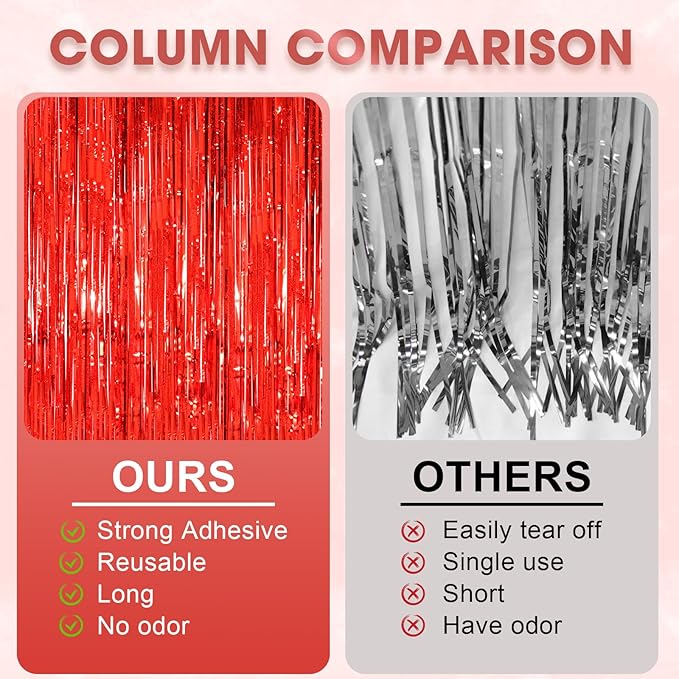 2 Pack Red Tinsel Foil Fringe Curtains, Red Party Decorations, Metallic Tinsel Party Streamers Backdrop for Birthday Casino Christmas Graduation Carnival Valentine's Party Decorations