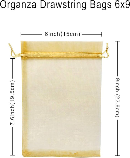 100pcs Gold Organza Gift Bags 6x9 Inch Mesh Drawstring Pouch Jewelry Bags for Wedding, Party, Birthday, Baby Shower
