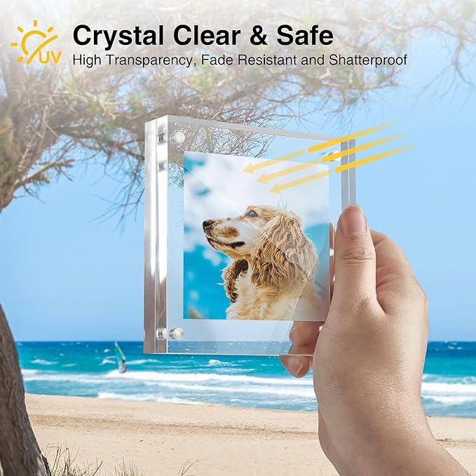 HOUSE DAY Acrylic Picture Frames 4x4, 3 Pack Magnetic 4 x 4 Picture Frame, Double Sided Clear 4x 4 Photo Frame with Microfiber Cloth, Frameless FreeStanding 4x4 Frame Gift for Desktop Display
