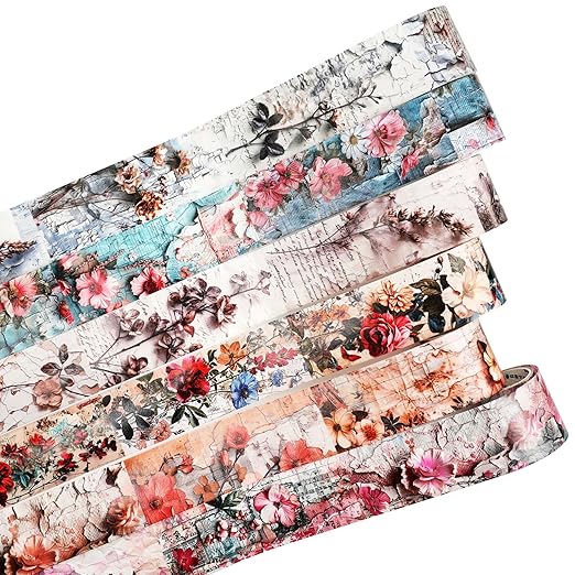 Vintage Floral Washi Tape Set – 6 Rolls, 2M Non-Repeating Flower Collage Designs, Decorative Craft Tape for Scrapbooking, Journals, Planners with Accessory Clip Included