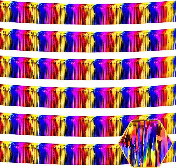 6 Pack 10 Feet Rainbow Foil Fringe Garland Metallic Tinsel Streamers Banner Wall Hanging Curtain Backdrop for Parade Floats, Birthday, Graduate, Mother's Day, Wedding Party Decoration