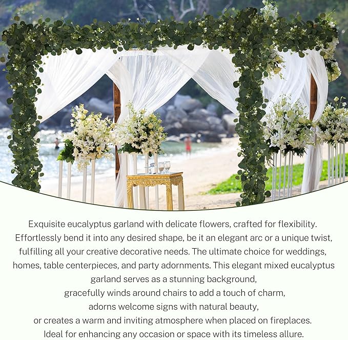 Eucalyptus Garland, 2 Packs 6FTGreen Flower Garland Decor, Artificial Faux Eucalyptus Leaves Greenery Vines for Table Runner Wedding Bedroom Mantle Centerpieces Backdrop Decorations