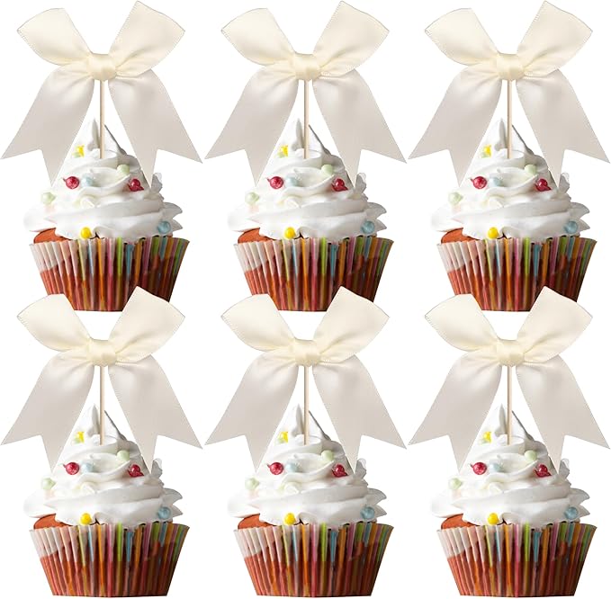 24 PCS Bow Cupcake Toppers Bowknot Coquette Bow Girls Birthday Cake Decorations Bow Cake Toppers Bowknot Cupcake Picks for Baby Shower Birthday Wedding Bridal Engagement Party Supplies Beige