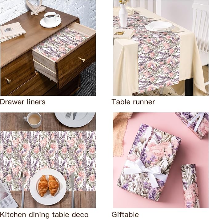 WRAPAHOLIC Kraft Floral Wrapping Paper - Mini Roll - 17 Inch x 16.5 Feet - Purple Lavender Flower Wrapping Paper for Wedding, Birthday, Bridal Shower, Tea Party, Drawer Liners, Home Closet Shelves