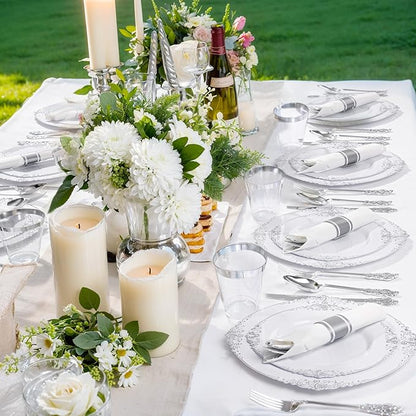 Liacere 350PCS Silver Plastic Plates&Pre Rolled Napkins for 50 Guests - Plastic Dinnerware Sets 100Silver Disposable Plates, 150Silver Silverware, 50Cups and 50Napkins for Wedding