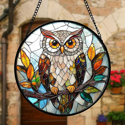 Stained Glass Window Hanging, Owl Colorful Leaves Birds Sun Catchers Diamond Glass Panel Hangings Suncatcher Decor for Birthday for Women, Men, Wife, Aunt, and Mom 7.8 in
