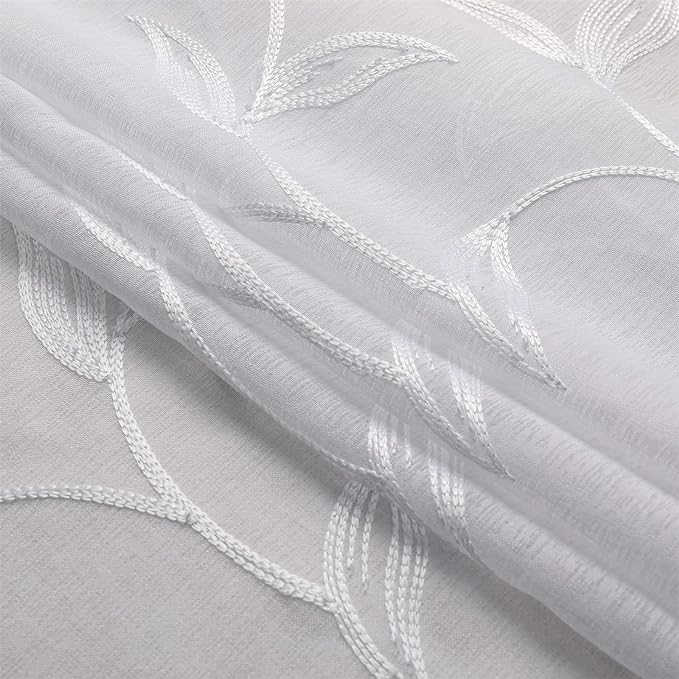 VISIONTEX Sheer Voile Curtain Valances, Decorative Leaves Embroidered, Rod Pocket Window Treatment for Kitchen/Rustic Bedroom/Living Room (54 x 16 Inch,1 Panel)