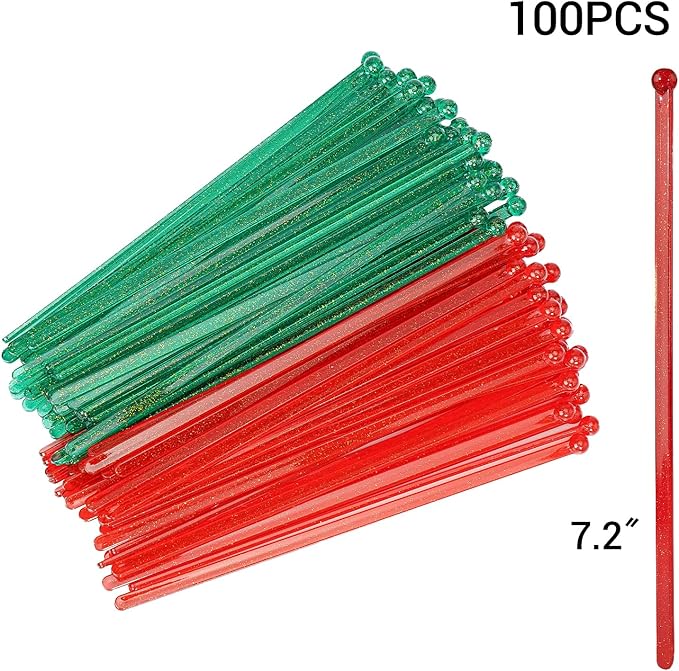 100-PCS Christmas Green and Red Glitter Plastic Swizzle Sticks, Crystal Cake Pops, Cocktail Coffee Drink Stirrers, Stir Sticks, 7.24 Inch