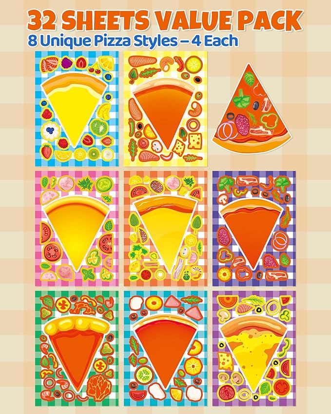 Aowplc 32 Sheets Make A Pizza Stickers for Kids, 8 Designs Mix 'n Match Pizza Crafts, Party Favors & Classroom Activities