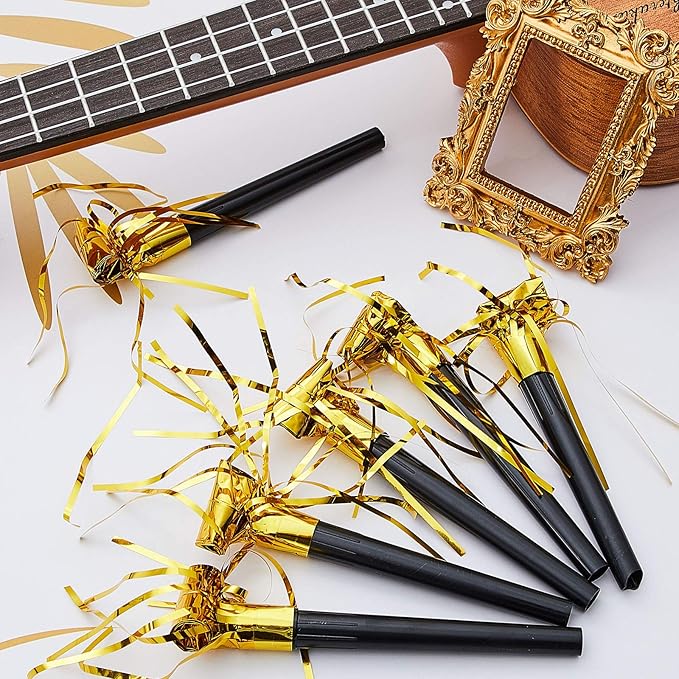 Skylety 18 Pcs Party Blower Noisemakers Party Squawkers Blowouts Whistles Fringed Noise Maker Musical Blowouts for Birthday Supplies(Black and Gold)