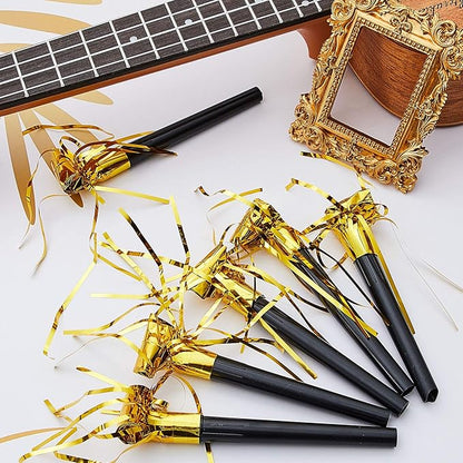 Skylety 18 Pcs Party Blower Noisemakers Party Squawkers Blowouts Whistles Fringed Noise Maker Musical Blowouts for Birthday Supplies(Black and Gold)