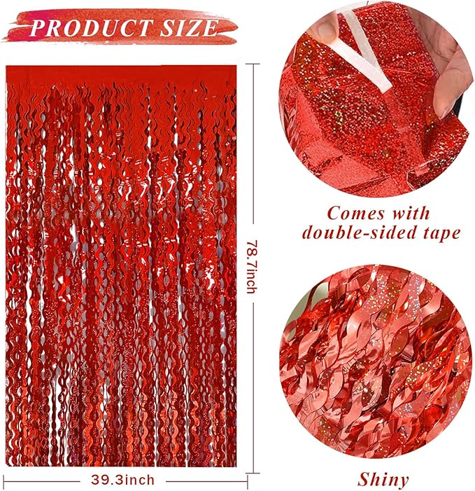 Red Tinsel Foil Fringe Curtains Wavy Backdrop for Parties Sparkle Metallic Wavy Foil Fringe Backdrop Curtain for Party Decorations Photo Booth Props Birthday Graduation Wedding Valentines Decor