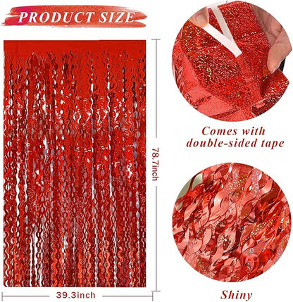 Red Tinsel Foil Fringe Curtains Wavy Backdrop for Parties Sparkle Metallic Wavy Foil Fringe Backdrop Curtain for Party Decorations Photo Booth Props Birthday Graduation Wedding Valentines Decor