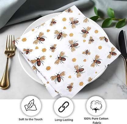 Urban Villa Dinner Napkins Honey Bee Print Cloth Napkins (Set of 12) Oversized 20x20 Inches 100% Cotton Premium Quality Soft Durable with Mitered Corners Reusable Washable Everyday Use Parties Napkins
