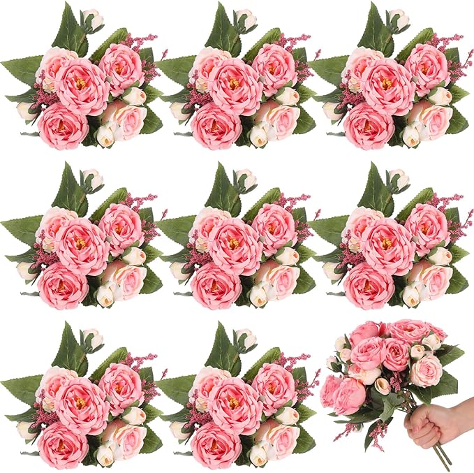 8 Bundles Artificial Peonies Flowers Boho Faux Flowers Arrangements Artificial Centerpiece Spring Bouquet Floral Wedding Decoration for Vase(Pink Color)