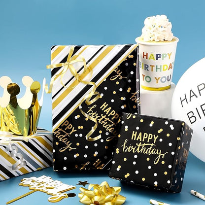 LeZakaa Reversible Black Birthday Wrapping Paper Roll for Boys Men, Happy Birthday Lettering & Stripe Pattern with Metallic Gold Foil in Black, Mini Roll, 17 inches x 32.8 Feet (46.45 sq.ft.)