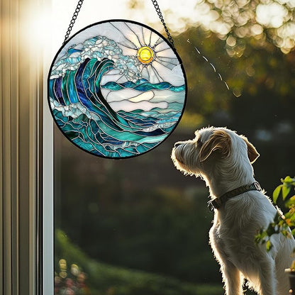 Stained Glass Window Hanging - Blue Green Waves Suncatcher for Door Terrace Garden Home Decor Sunrise Over The Sea Sun Catcher Birthday Gifts for Lovers Women Men Dad Mom Nana 11.8 in