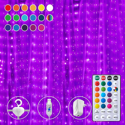 16 Colors Changing Curtain Lights - 250 LED 9.8 X 8.8 FT Fairy String, 7 Modes Twinkle with Remote, Backdrop Wall Hanging Dripping for Bedroom Backyard Halloween Christmas Decor