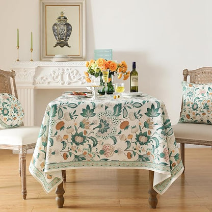 patdrea Designer Green Rectangle Table Cloth,Vintage Italian Floral Country Linen Breathable Tablecloth,Decor Cover for Kitchen Dining,Christmas,Tea Party,Thanksgiving,63"x94"-Tree Life