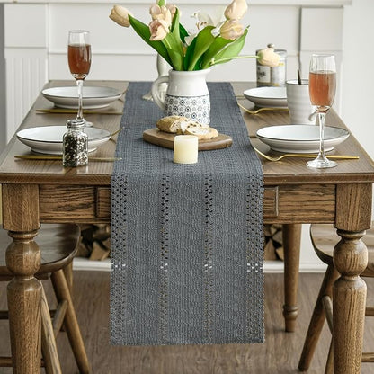 Artoid Mode Dark Grey Farmhouse Woven Rustic Hollow Table Runner, Seasonal Holiday Hollow Kitchen Dining Table Decoration for Home Party Decor 12x108 Inch