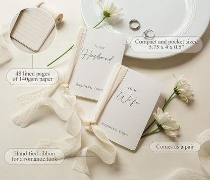 Modern Album Designs White Vow Books with Ribbons (Set of 2) - 5.625 x 4 Minimalist Pocket Sized Wedding Ceremony Vow Renewal Speech Notebook Journal, Gift for Bride & Groom To Be, 48 Lined Pages