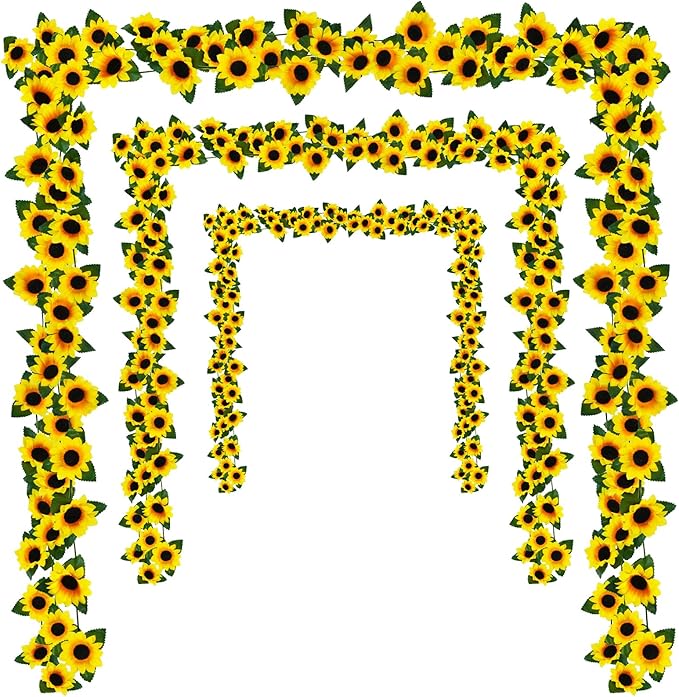 Uieke 3 Pack 7.5ft/Pcs Artificial Sunflower Garland Hanging Sunflower Vines with Green Leaves,Silk Flowers for Home Room Kitchen Garden Wedding Arch Bridal Baby Shower Party Outdoor Decor Medium
