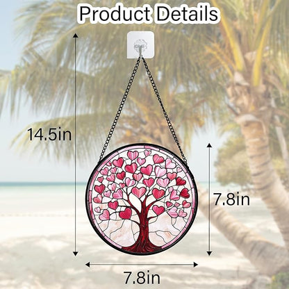Stained Glass Window Hanging, Pink Love Heart Tree Suncatcher Hangings Beige Sun Catchers Decor for Birthday Holiday for Women, Men, Wife, Aunt, Mom 7.8 in