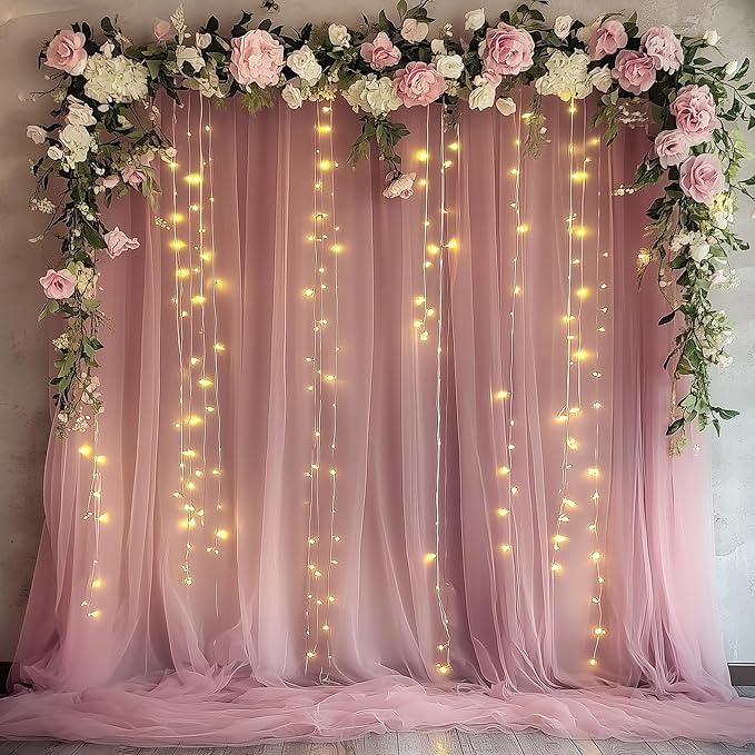 Tulle Backdrop Curtain with Lights String 10FT X 10FT Dusty Rose Sheer Tulle Backdrop Curtains for Wedding Birthday Party Reception Photo Booth Background Decorations (2 Panels 5x10FT)